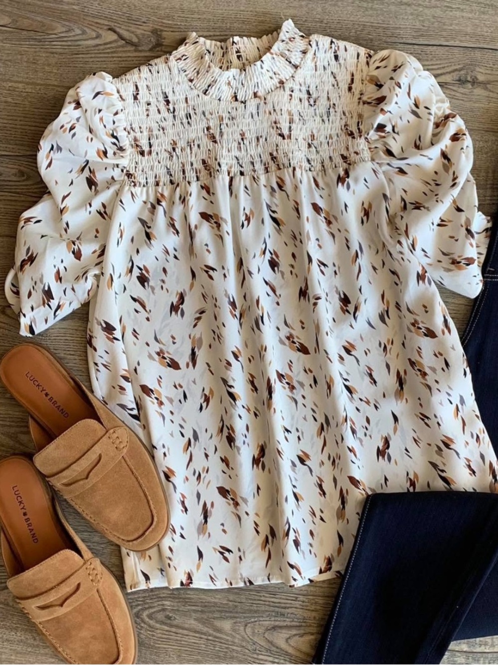 Anthropologie THML Ruched Sleeve Smocked Neckline Top XS Cream/Brown Pattern